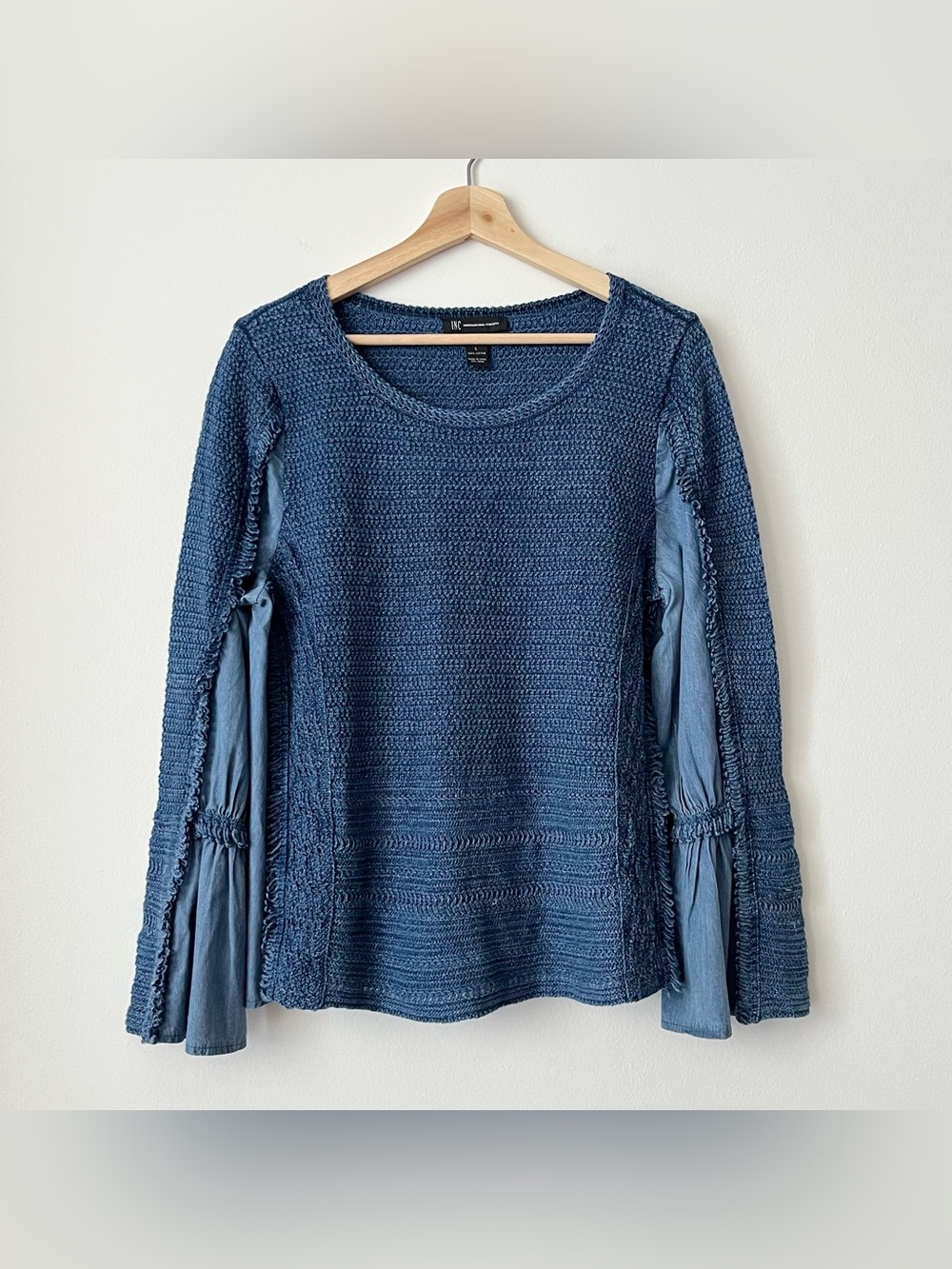 INC Women's Mix Media Chunky Knit Chambray Top Size L Blue Fringe Bell Sleeves